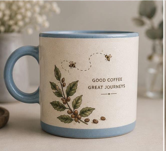 Coffee Trip mug painted with a coffee branch, two bees and the words Good Coffee Great Journeys
