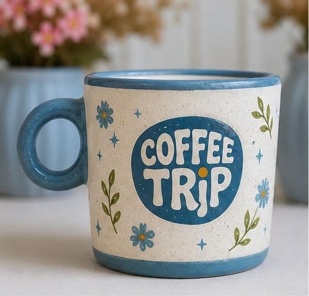 Coffee Trip mug with the logo surrounded by blue daisies and leaves