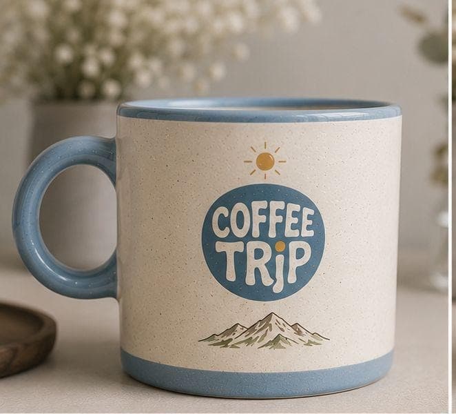 Coffee Trip mug showing the logo above a hand-drawn mountain range