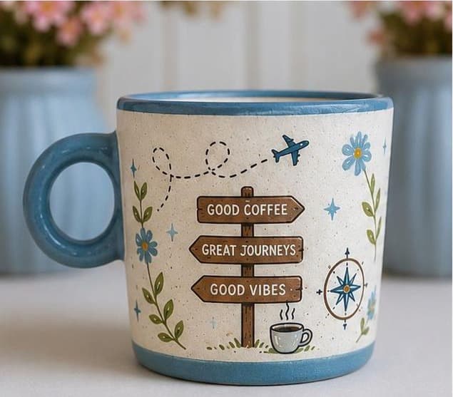 Coffee Trip travel mug illustrated with a signpost reading Good Coffee, Great Journeys, Good Vibes