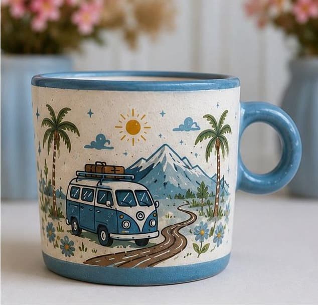 Coffee Trip travel mug illustrated with a loaded van on a winding mountain road