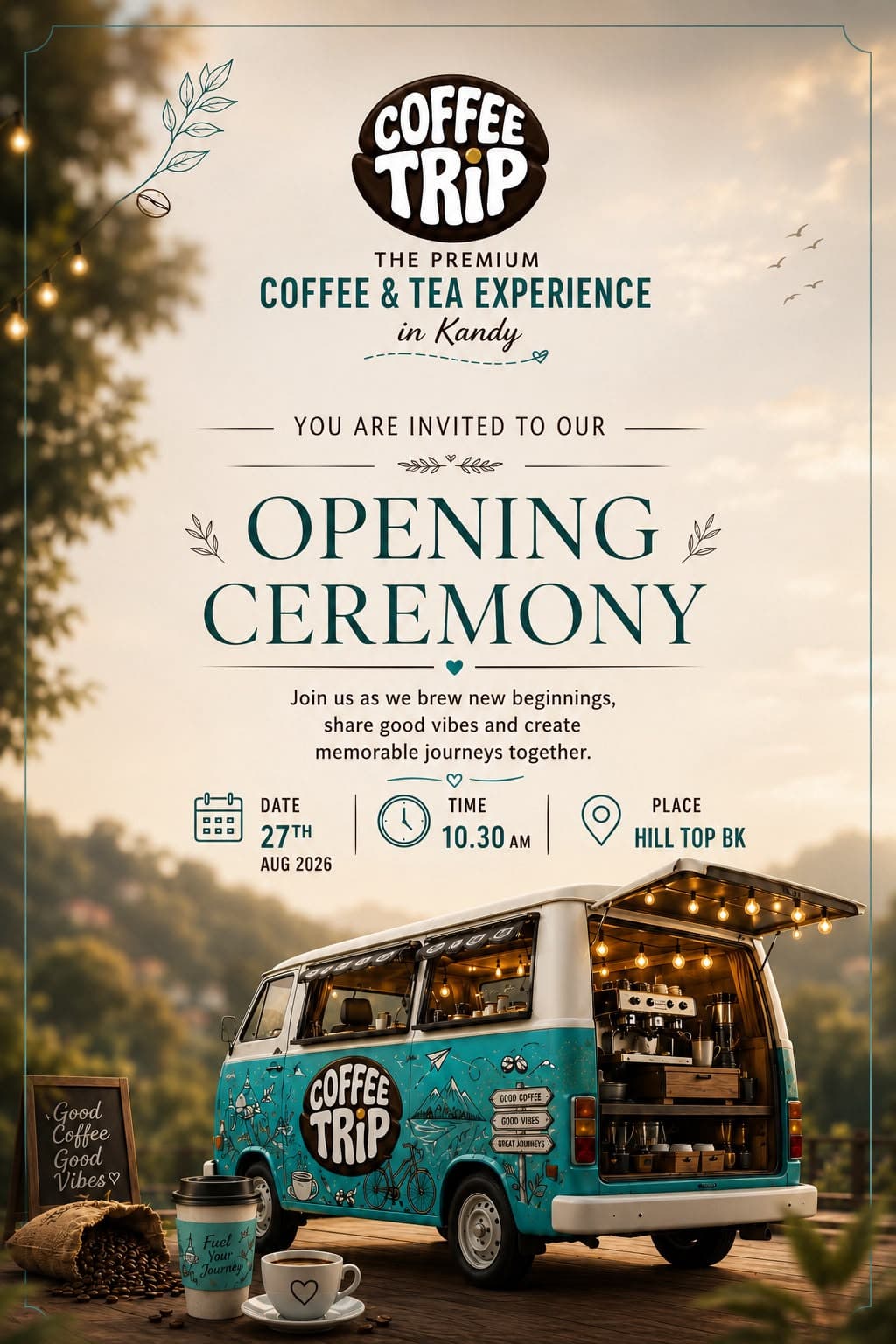 Coffee Trip opening ceremony invitation — 27 August 2026, 10.30 AM, Hill Top BK, Kandy