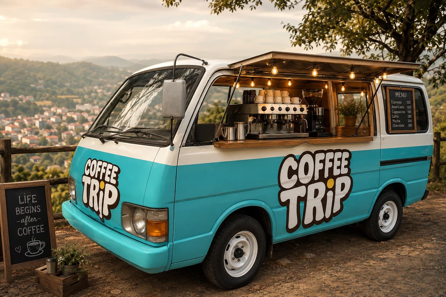 The Coffee Trip van open for service at a hill-country lookout — espresso machine, stacked cups and string lights under the hatch